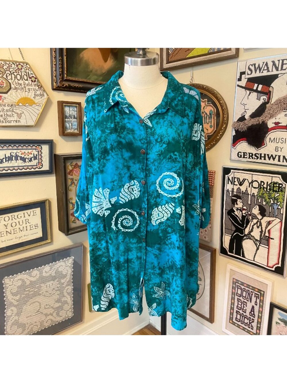 We Be Bop Womens Turquoise & White Batik Print Button-Down Rayon Shirt Size 3X